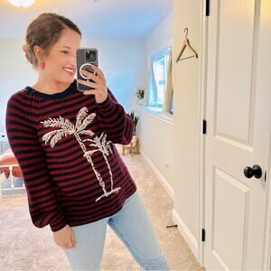 Faherty Red Blue Cotton Blend Palm Tree Sweater Small